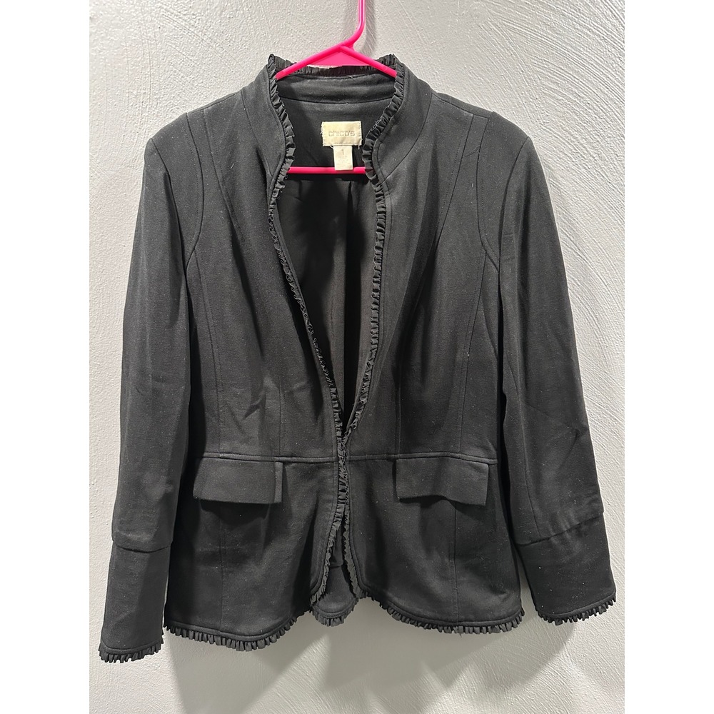 Chicos Black Ruffle Trim Ponte Knit Blazer Jacket Open Front Size 1 Medium